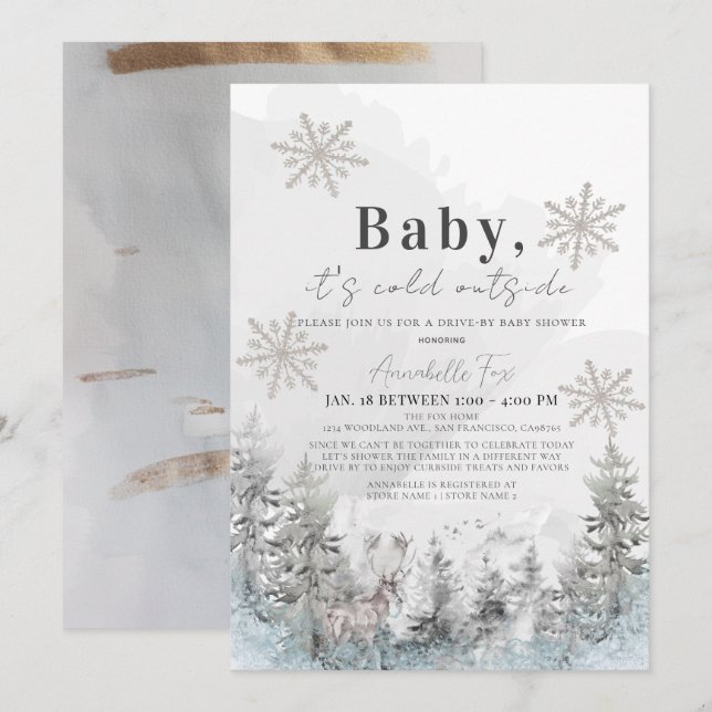 Baby It's Cold Outside Forest Drive-by Baby Shower Invitation (Front/Back)