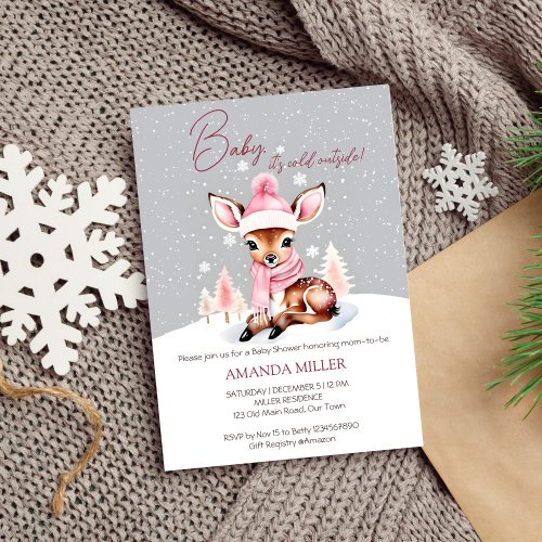 Baby its cold outside girl baby deer baby shower invitation