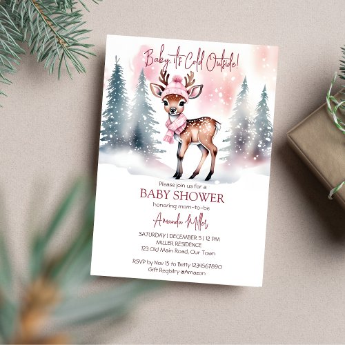 Baby its cold outside girl baby deer baby shower invitation