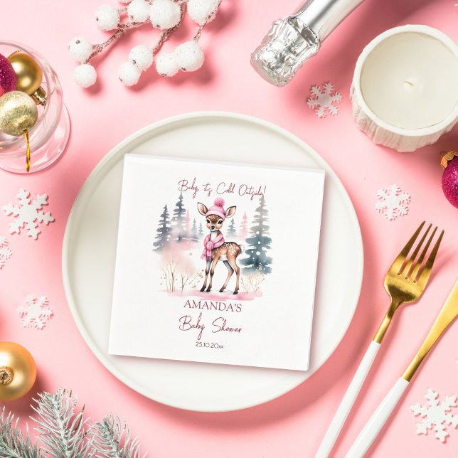 Baby it's cold outside girl baby deer baby shower napkins (Baby it's cold outside winter girls baby shower tableware personalized template napkins cute deer)