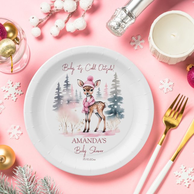 Baby it's cold outside girl baby deer baby shower paper plates (Baby it's cold outside cute baby deer baby shower tableware personalized party plates template)