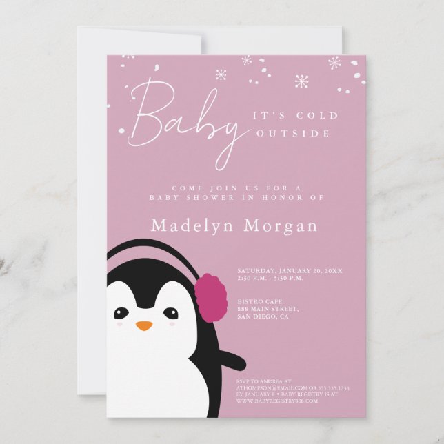 Baby It's Cold Outside Girl Cute Penguin Pink  Invitation (Front)