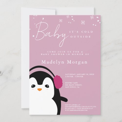 Baby Its Cold Outside Girl Cute Penguin Pink  Invitation