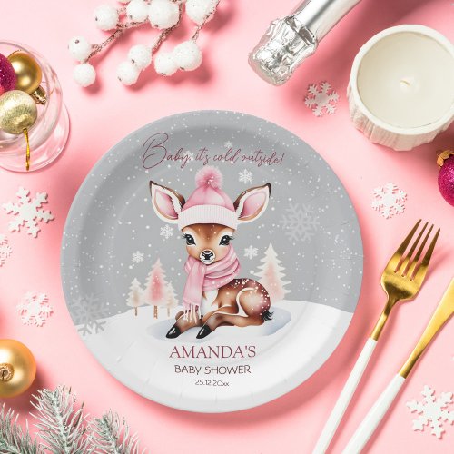 Baby its cold outside girl deer baby shower paper plates