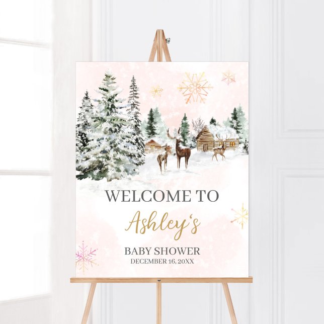 Baby It's Cold Outside Girl Winter Welcome Poster (Winter Wonderland Baby Shower Welcome Sign)