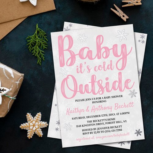 Baby Its Cold Outside Girls Winter Baby Shower Foil Invitation