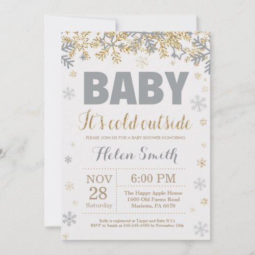 Baby its Cold Outside Gold and Gray Baby Shower Invitation