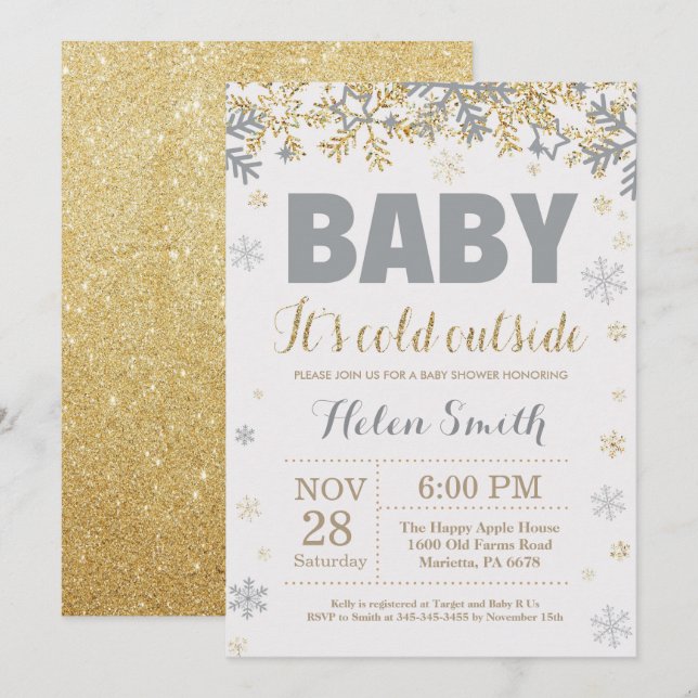 Baby its Cold Outside Gold and Gray Baby Shower Invitation (Front/Back)