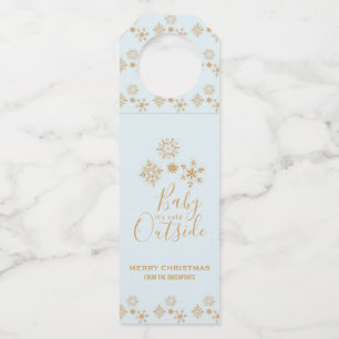 Baby it's Cold Outside Gold Snowflakes on Blue Bottle Hanger Tag