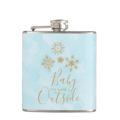 Baby its Cold Outside Gold Snowflakes on Blue Flask