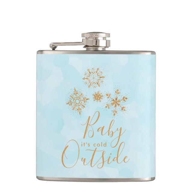 Baby it's Cold Outside Gold Snowflakes on Blue Flask (Front)