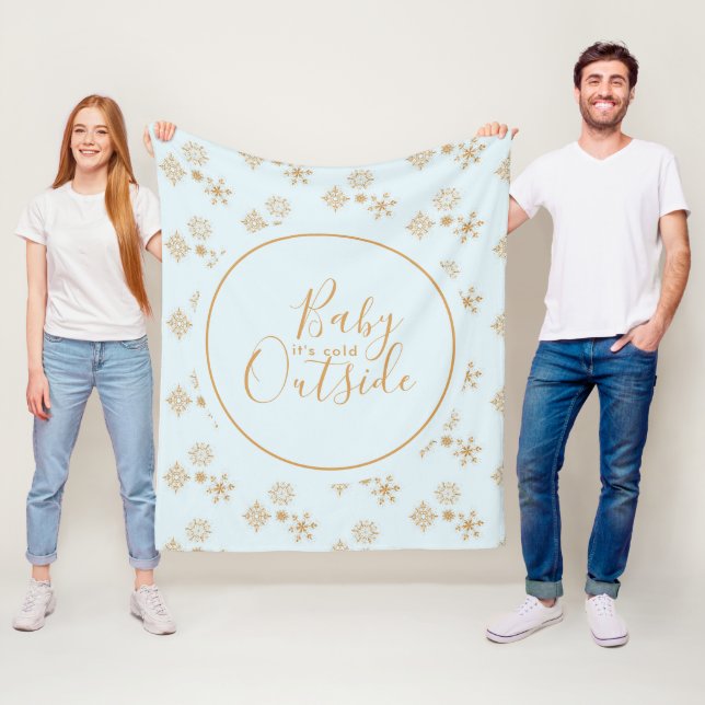 Baby it's Cold Outside Gold Snowflakes on Blue Fleece Blanket (In Situ)