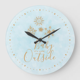 Baby it's Cold Outside Gold Snowflakes on Blue Large Clock