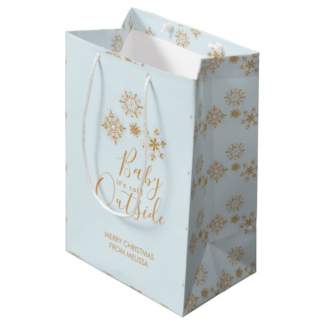 Baby it's Cold Outside Gold Snowflakes on Blue Medium Gift Bag (Front Angled)