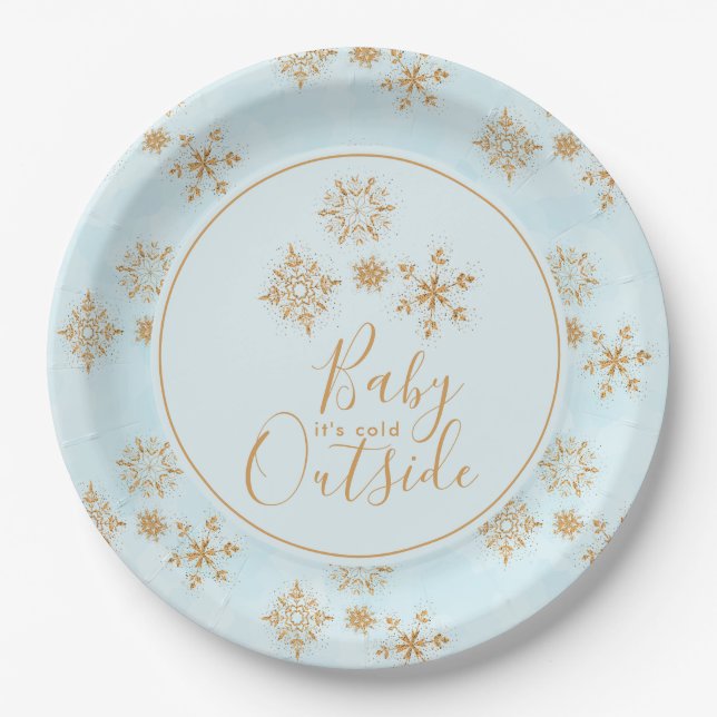 Baby it's Cold Outside Gold Snowflakes on Blue Paper Plates (Front)