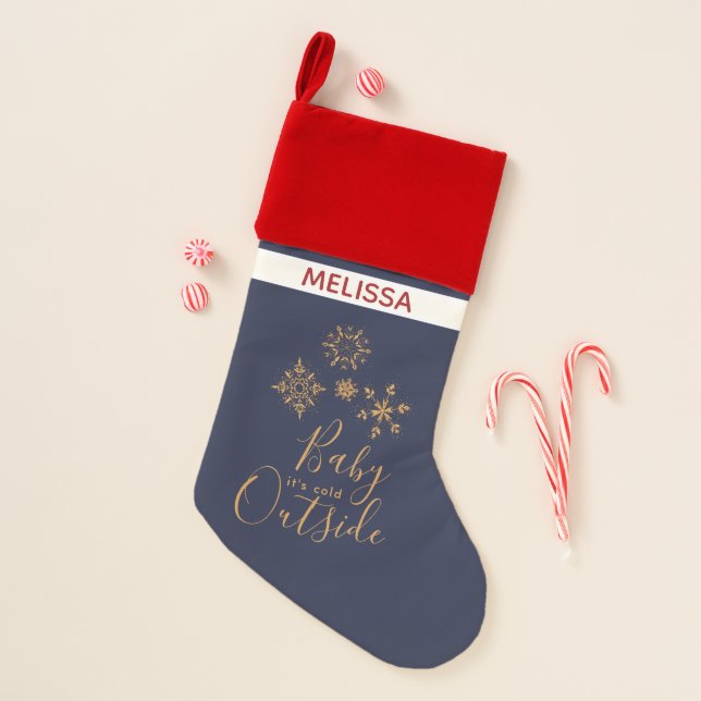 Baby it's Cold Outside Golden Snowflakes Christmas Stocking (Front)