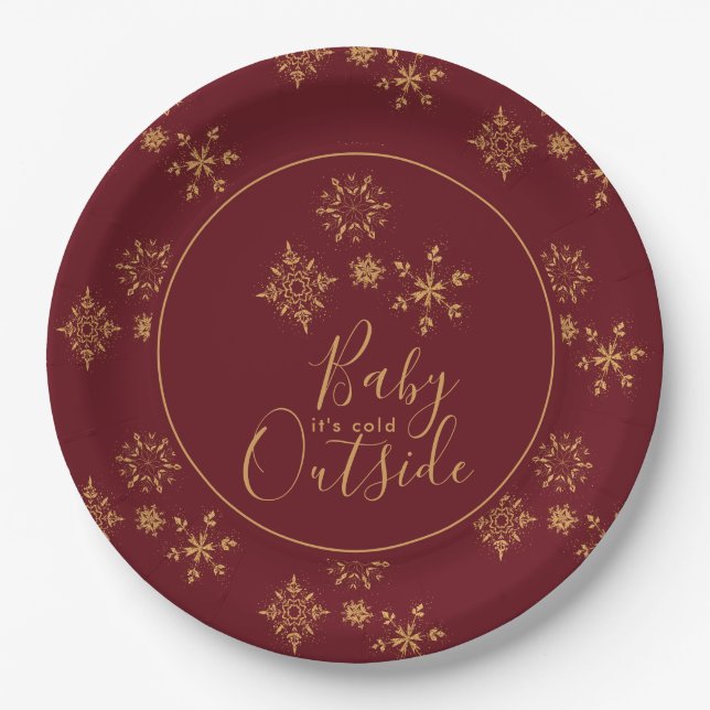 Baby it's Cold Outside Golden Snowflakes Paper Plates (Front)