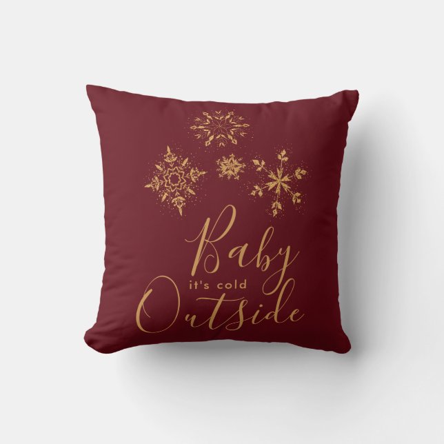 Baby it's Cold Outside Golden Snowflakes Throw Pillow (Front)