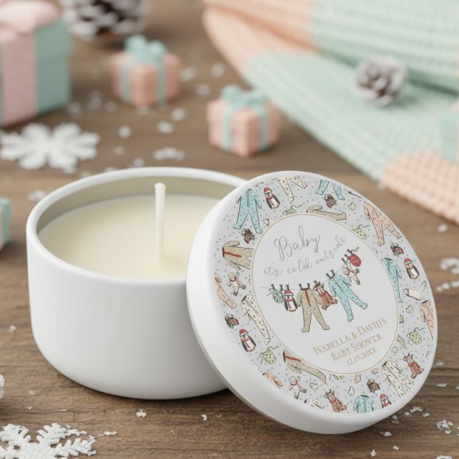 Baby Its Cold Outside Gray Winter Baby Shower Mini Candle Favors (Elegant Mini Baby Shower Candles to Say Thank You. Cute Xmas Pajamas Pattern with Script Letters. )
