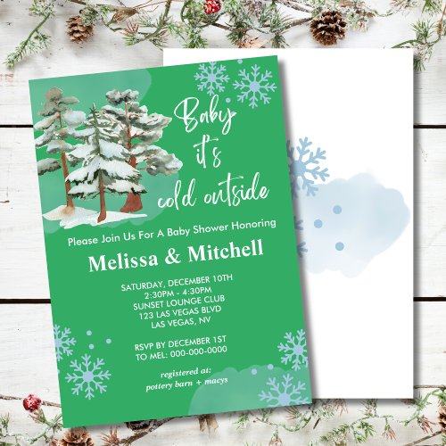 Baby its cold outside green snowflake invitation