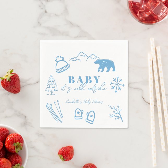 Baby It's Cold Outside Hand-drawn Blue Baby Shower Napkins (Insitu)