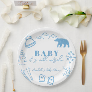 Baby It's Cold Outside Hand-drawn Blue Baby Shower Paper Plates
