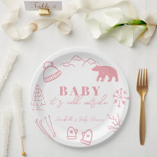 Baby It's Cold Outside Hand-drawn Pink Baby Shower Paper Plates (Wedding)
