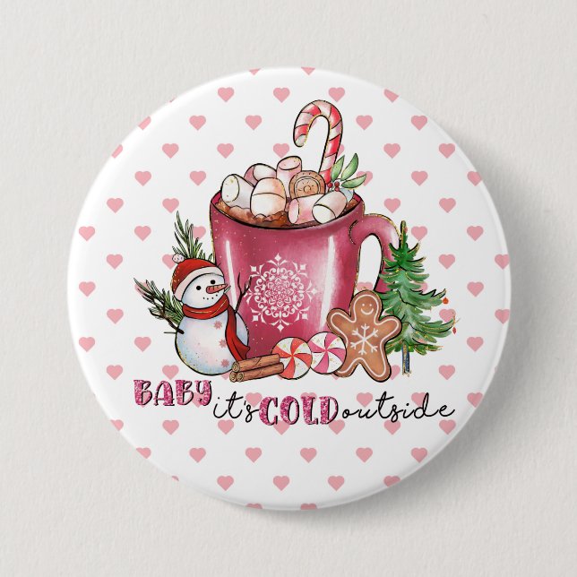 Baby It's Cold Outside Hot Cocoa Mug, Snowman Button (Front)