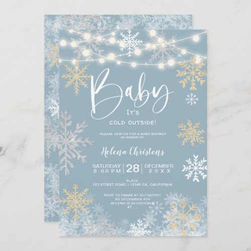 Baby its cold outside light gold silver snow blue invitation