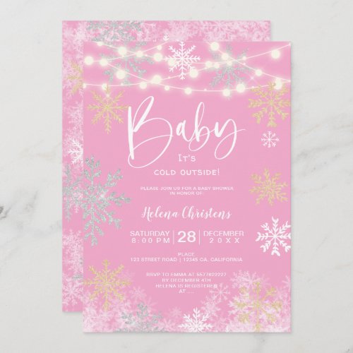 Baby its cold outside light gold silver snow pink invitation