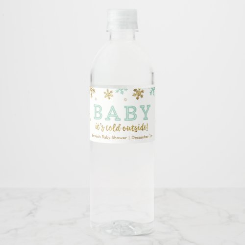 Baby Its Cold Outside Mint and Gold Snowflake Water Bottle Label
