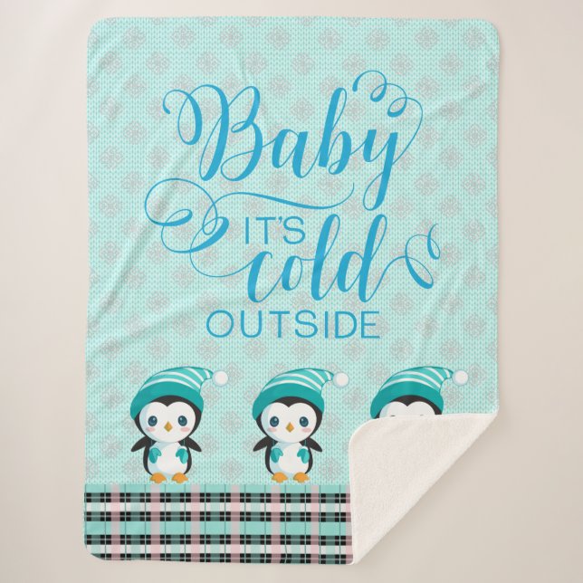 Baby Its Cold Outside Mint Green Penguin Blanket (Front)