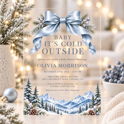 Baby It’s Cold Outside Mountains Blue Acrylic Baby Shower Invitation