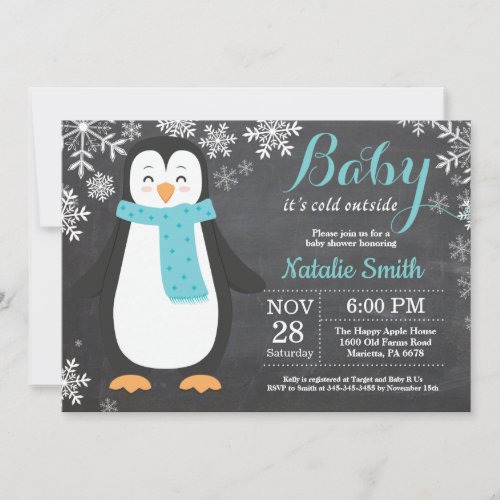 Baby its Cold Outside Penguin Aqua Baby Shower Invitation