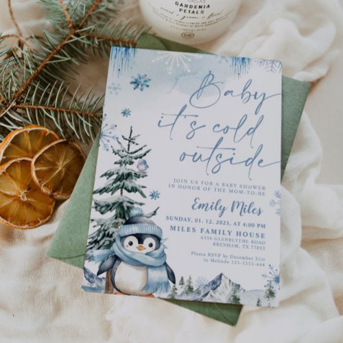 Baby its cold outside Penguin Blue baby shower  Invitation