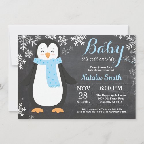 Baby its Cold Outside Penguin Boy Baby Shower Invitation