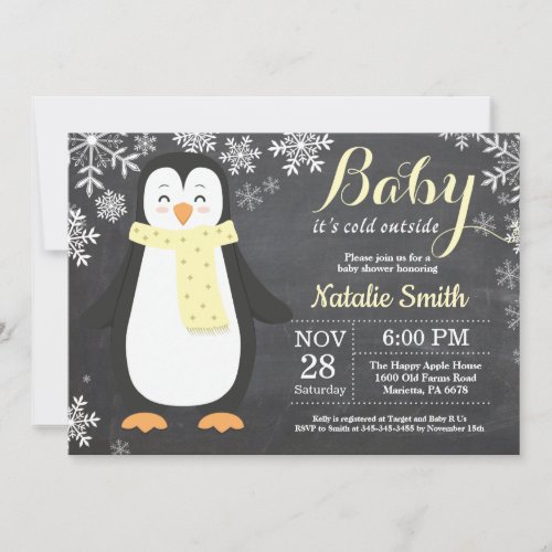 Baby its Cold Outside Penguin Yellow Baby Shower Invitation