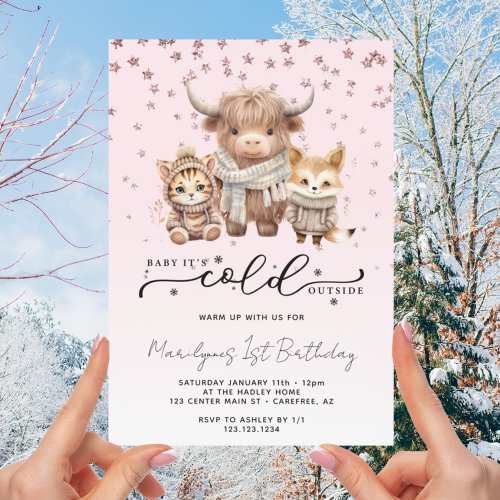 Baby Its Cold Outside Pink 1st Birthday Invitation