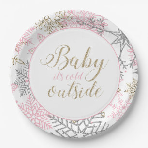 Baby It's Cold Outside pink and gold Snowflake Paper Plates