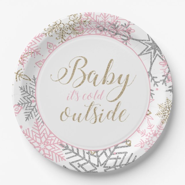 Baby It's Cold Outside pink and gold Snowflake Paper Plates (Front)
