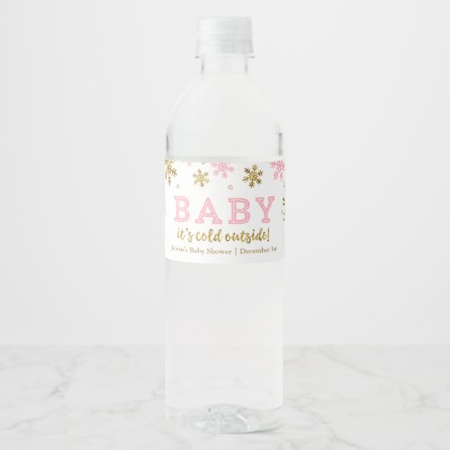 Baby Its Cold Outside Pink and Gold Snowflake Water Bottle Label