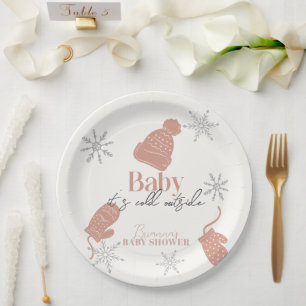 Baby It's Cold Outside Pink Beanie Baby Shower Paper Plates