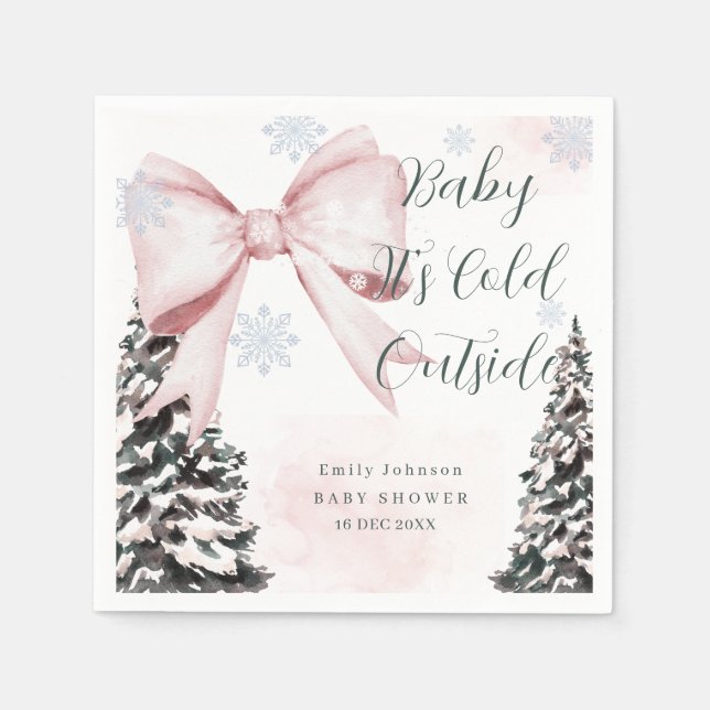 Baby It's Cold Outside Pink Bow Baby Shower Napkins (Front)