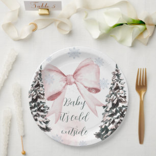Baby It's Cold Outside Pink Bow Baby Shower Paper Plates