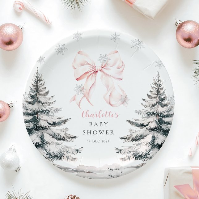 Baby It's Cold Outside Pink Bow Baby Shower Paper Plates (Creator Uploaded)