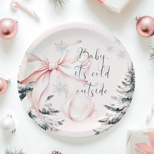 Baby It's Cold Outside Pink Bow Baby Shower Paper Plates (Creator Uploaded)