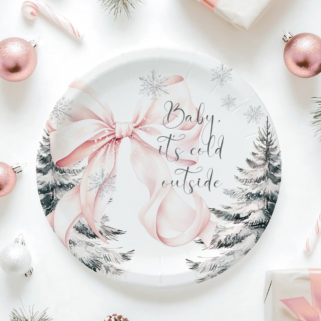 Baby It's Cold Outside Pink Bow Baby Shower Paper Plates (Creator Uploaded)