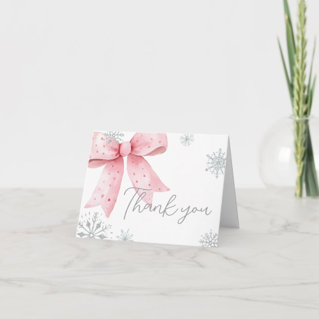 Baby Its Cold Outside Pink Bow Baby Shower Thank You Card (Front)