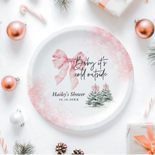 Baby Its Cold Outside, Pink Bow Winter Baby Shower Paper Plates