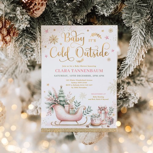 Baby Its Cold Outside Pink Christmas Baby Shower Invitation